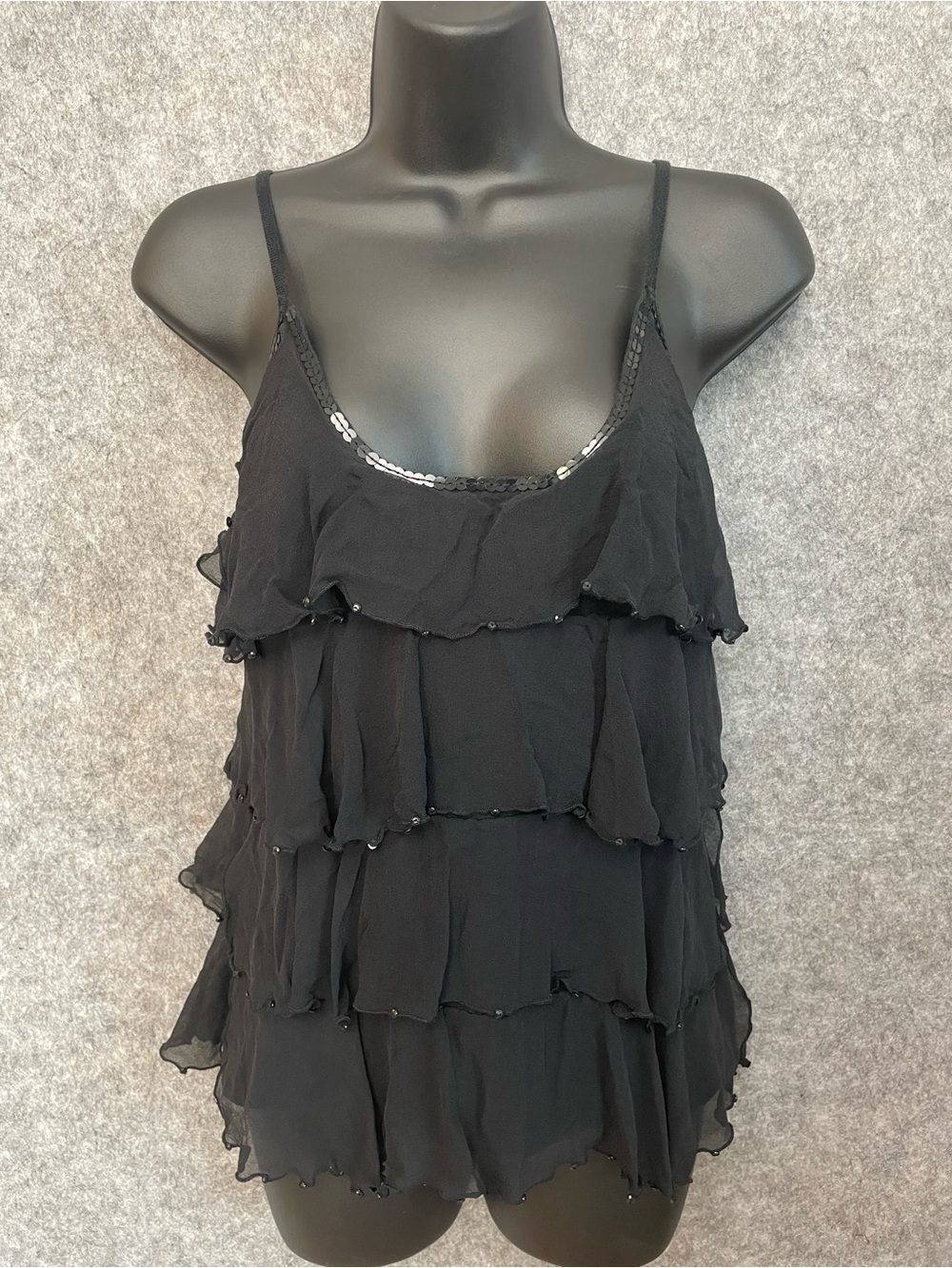 Vermani Silk Blend Tiered Ruffle Sequin Trim Cami Tank Top Y2K Boho Fairy Size L